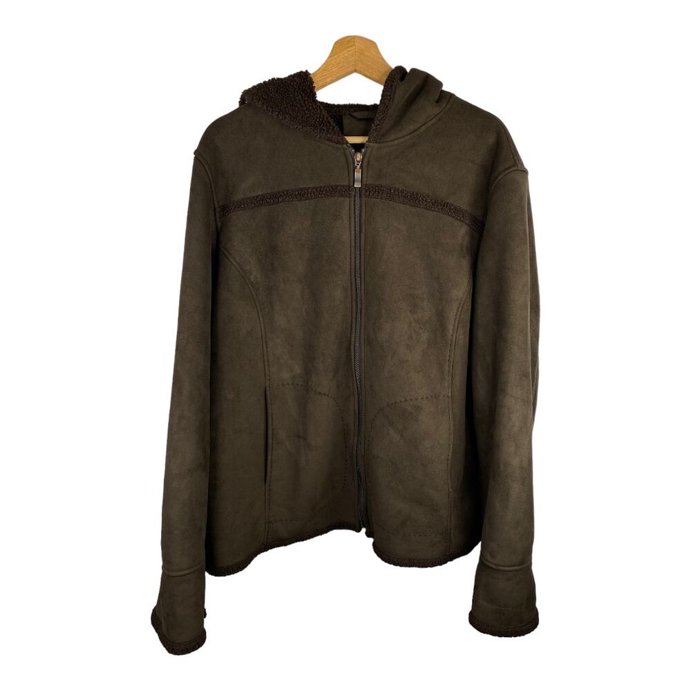 Utex Design Womens size XL Brown Micro Suede Sherpa Zip Up Hooded Coat Jacket